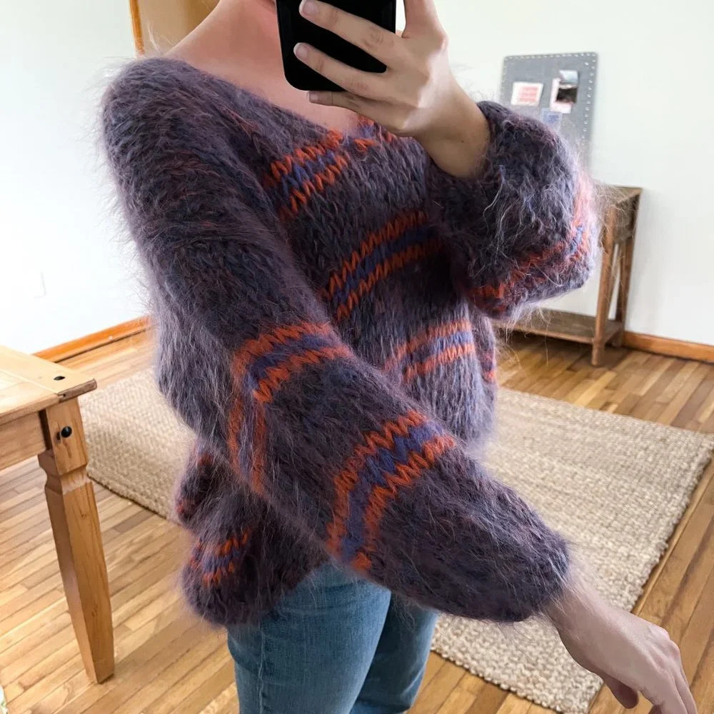 Les Tricots d'O Purple Kid Mohair Blend Striped Hand Knit V Neck Chunky Sweater - Picture 2 of 11
